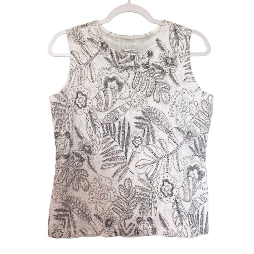 Laura Ashley Floral Embroidered Sleeveless Top White/Black Preppy Summer Small